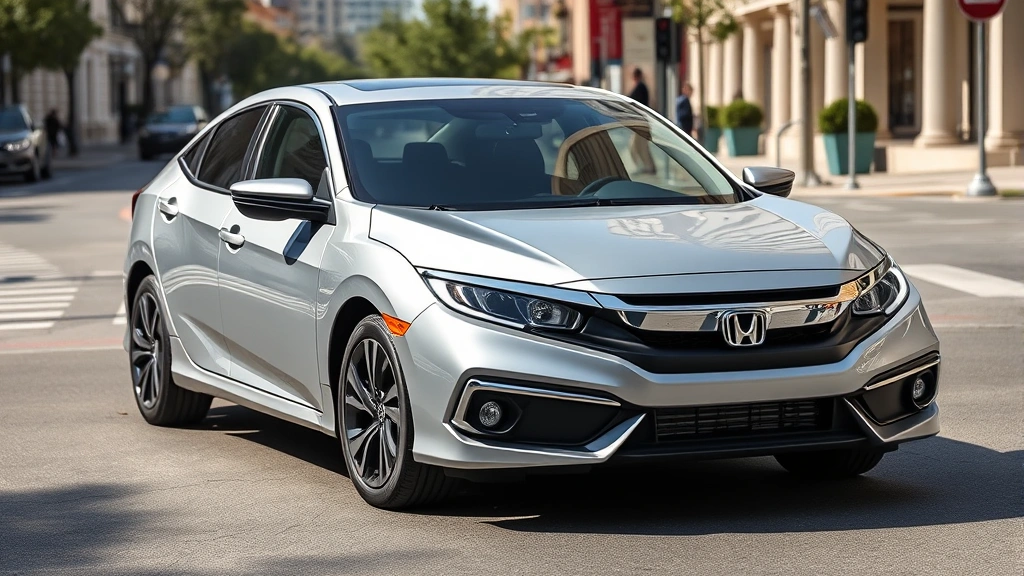 2024 Honda Civic hatchback in modern silver exterior, three-quarter front view, urban street setting, professional automotive photography, daylight