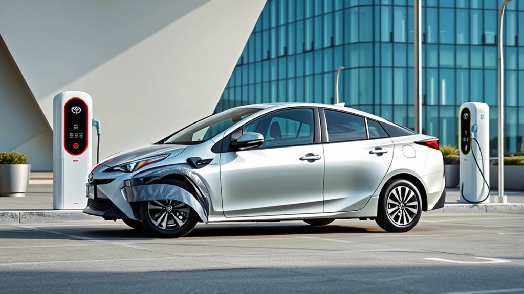 2024 Toyota Prius Prime silver sedan parked in modern urban charging station with sleek contemporary architecture background, professional automotive photography