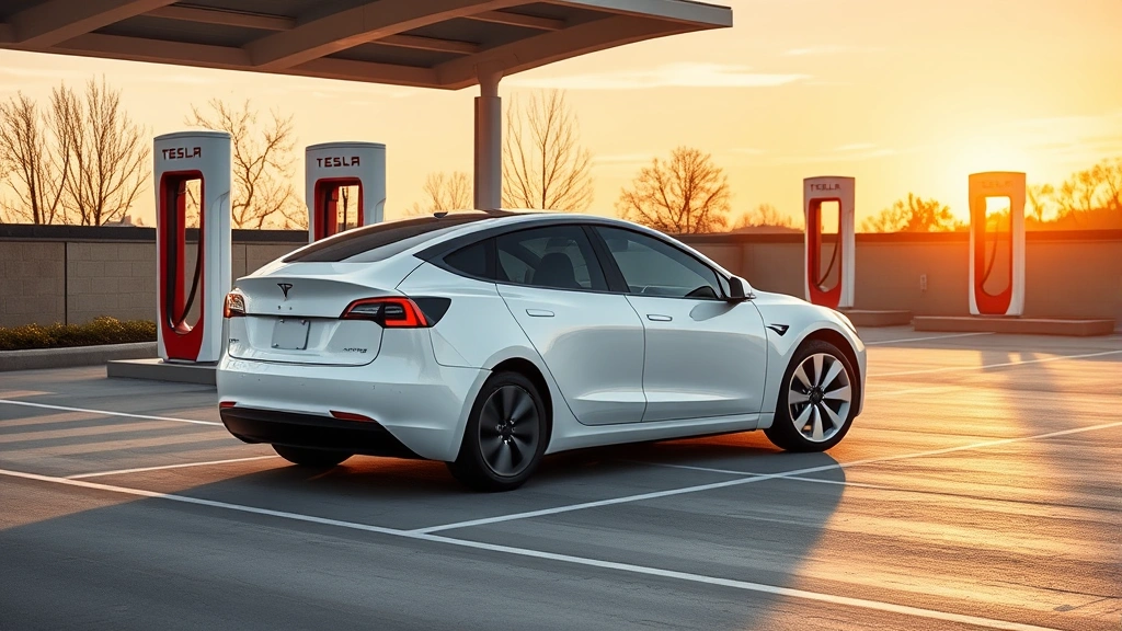 2024 Tesla Model Y white pearl exterior profile view parked in modern charging station lot with Supercharger visible, sunset lighting reflecting off sleek bodywork
