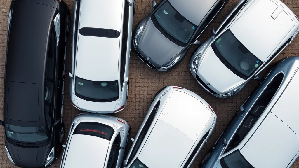 Overhead view of modern sedan fleet parked in alignment showing sleek rooflines and body panels, professional automotive photography, daylight, clean surfaces