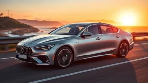 Premium luxury sedan photographed at sunset on coastal highway, emphasizing elegant design lines and sophisticated styling, golden hour lighting reflecting off polished paint