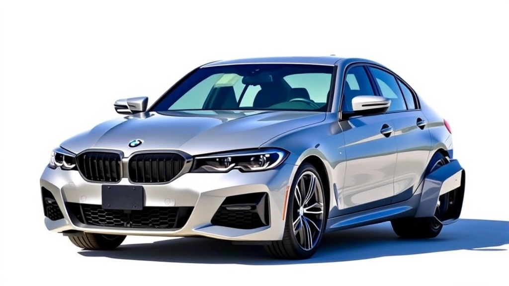 2024 BMW M440i xDrive sedan photographed from three-quarter front angle, silver metallic paint, modern sedan design, professional automotive photography, daylight, clean background