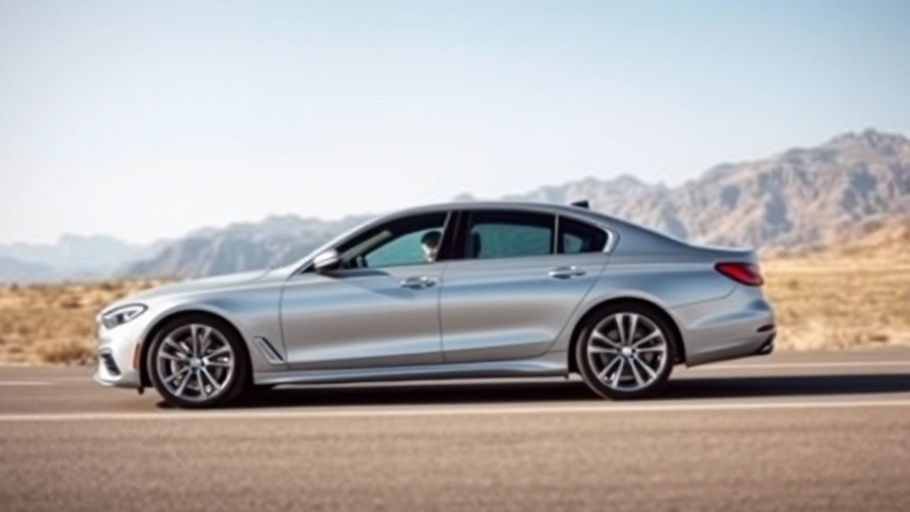 Sleek silver sedan photographed from three-quarter angle on open road with mountains in background, natural daylight, professional automotive photography