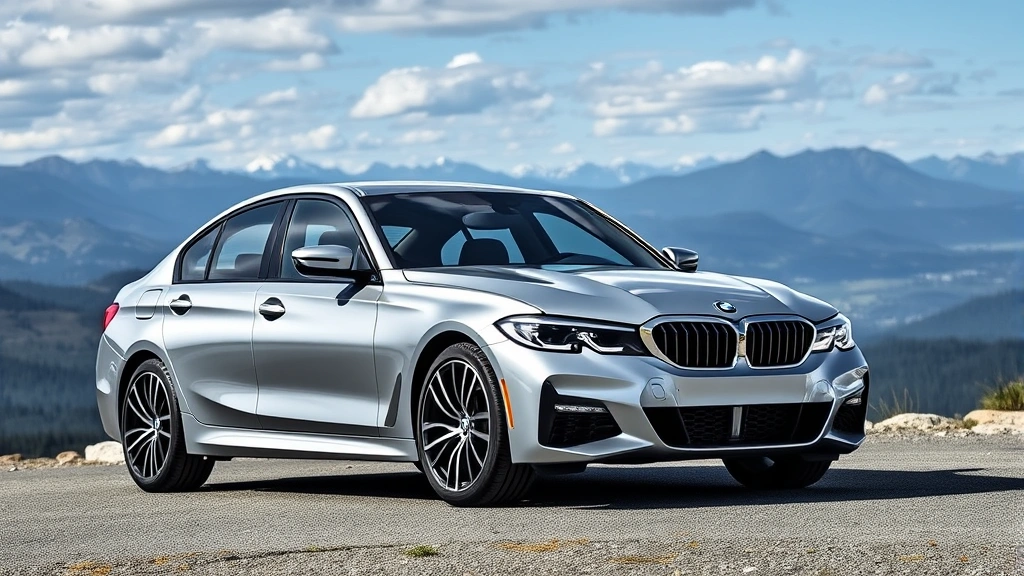 High-performance BMW M340i xDrive sedan in metallic silver parked on mountain overlook with alpine landscape background, professional automotive photography, sharp detail and natural lighting