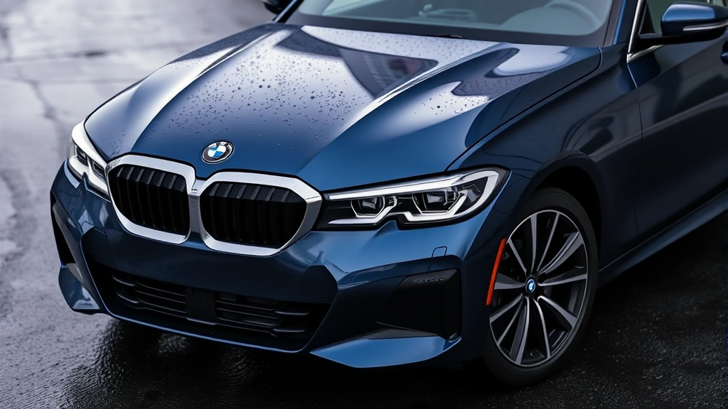2024 BMW 330i sedan in midnight blue, photographed from three-quarter front angle on wet asphalt, professional automotive photography, luxury sports sedan with modern headlights and grille design