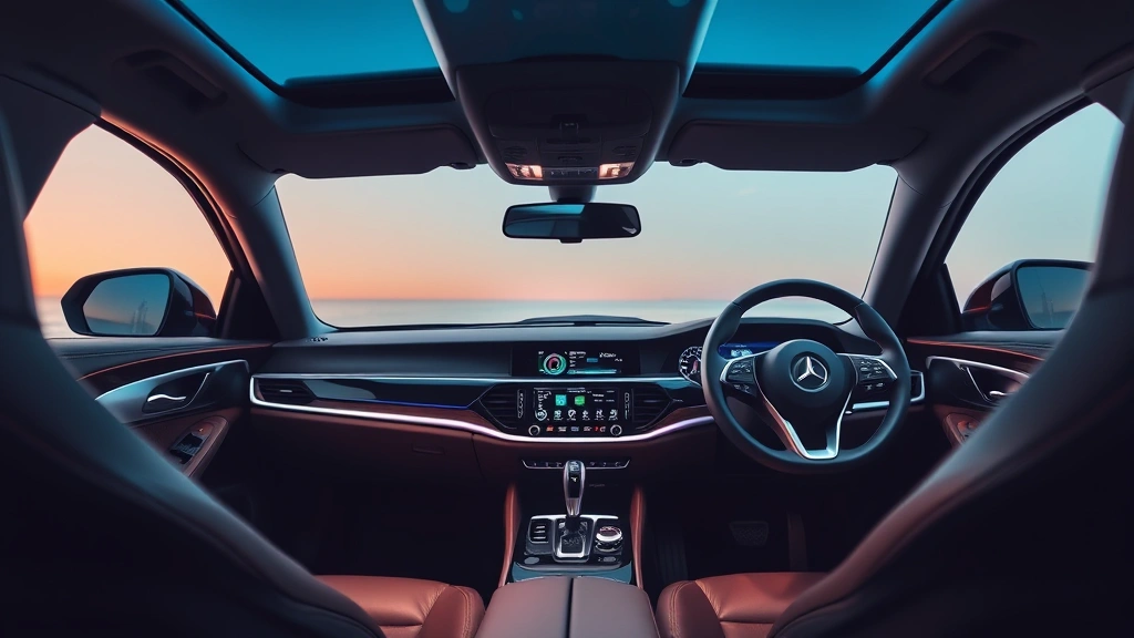 Luxury sedan interior with leather appointments, ambient lighting, digital dashboard display, premium materials, modern steering wheel design, soft focus background