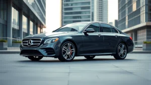 Luxury 2024 Mercedes-Benz E-Class sedan parked in modern urban setting with contemporary architecture background, professional studio lighting highlighting elegant lines and premium design details