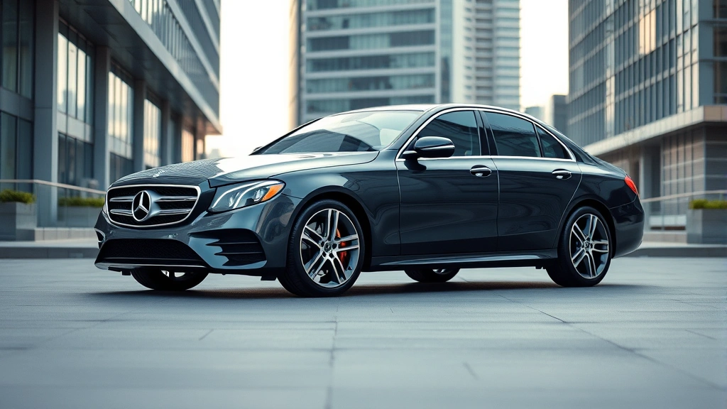 Luxury 2024 Mercedes-Benz E-Class sedan parked in modern urban setting with contemporary architecture background, professional studio lighting highlighting elegant lines and premium design details
