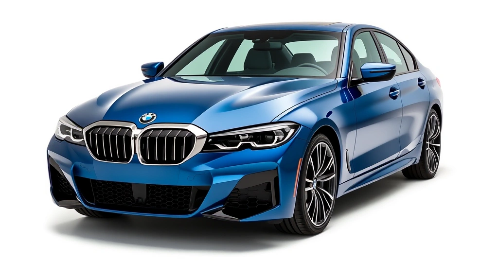 2024 BMW M440i xDrive sedan in metallic blue, three-quarter front view, modern luxury performance car, professional automotive photography, clean background