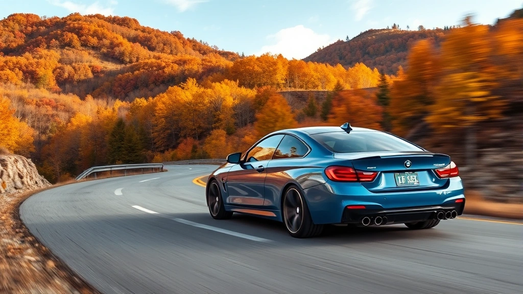 Premium BMW M440i xDrive sedan in metallic blue driving on scenic mountain road with autumn foliage, professional automotive photography, dynamic angle showing profile and front fascia