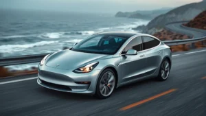 Sleek silver Tesla Model 3 sedan on coastal highway with ocean backdrop, dynamic angle showcasing aerodynamic profile and LED lighting