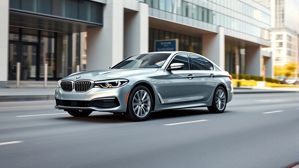 Sleek BMW 3 Series sedan in metallic silver, photographed from three-quarter angle on modern urban street with contemporary architecture background, daylight, professional automotive photography style