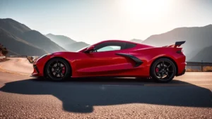 2023 Chevrolet Corvette Z06 in bright red, photographed from three-quarter angle on a winding mountain road, low angle perspective emphasizing aggressive stance and sculpted body lines, dynamic lighting conditions