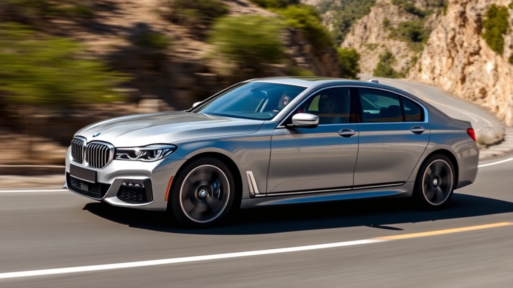 2024 BMW 7 Series luxury sedan driving on winding mountain road, sleek silver paint, dynamic motion, professional automotive photography