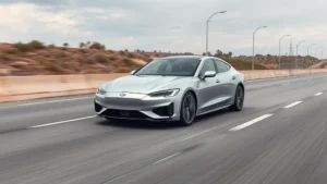 Luxury sport sedan in metallic silver, photographed from three-quarter front angle on empty highway, modern design lines visible, professional automotive photography