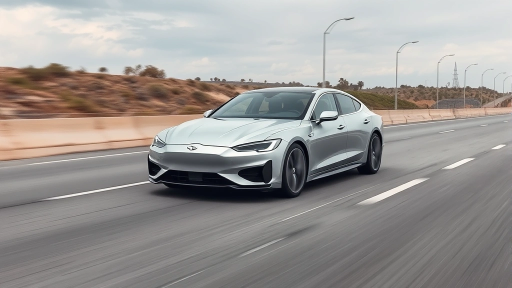 Luxury sport sedan in metallic silver, photographed from three-quarter front angle on empty highway, modern design lines visible, professional automotive photography