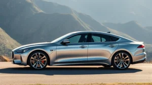 High-performance luxury sedan in metallic silver, photographed from three-quarter angle in sunlit mountain setting, emphasizing sleek profile and premium wheel design
