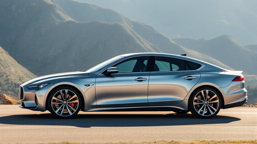 High-performance luxury sedan in metallic silver, photographed from three-quarter angle in sunlit mountain setting, emphasizing sleek profile and premium wheel design