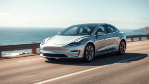 Modern Tesla Model Y silver sedan on coastal highway with ocean backdrop, dynamic angle showcasing sleek profile and LED headlights, bright daylight conditions