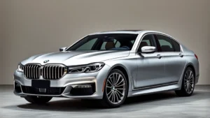 Sleek 2024 BMW 7 Series luxury sedan in metallic silver, photographed at three-quarter angle showcasing elegant proportions, sophisticated LED headlights, and premium design language against neutral backdrop