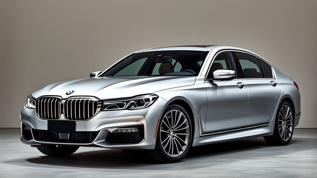 Sleek 2024 BMW 7 Series luxury sedan in metallic silver, photographed at three-quarter angle showcasing elegant proportions, sophisticated LED headlights, and premium design language against neutral backdrop
