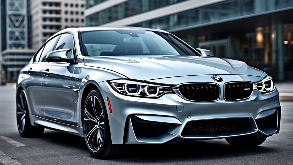 Sleek silver BMW M440i xDrive sedan photographed from three-quarter front angle against modern urban architecture, dynamic lighting highlighting aerodynamic curves and aggressive front grille design