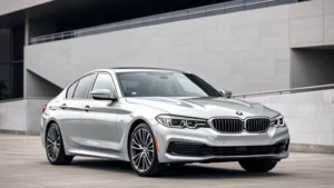 Silver BMW 340i luxury sedan parked in modern architectural setting with sleek lines and premium styling visible
