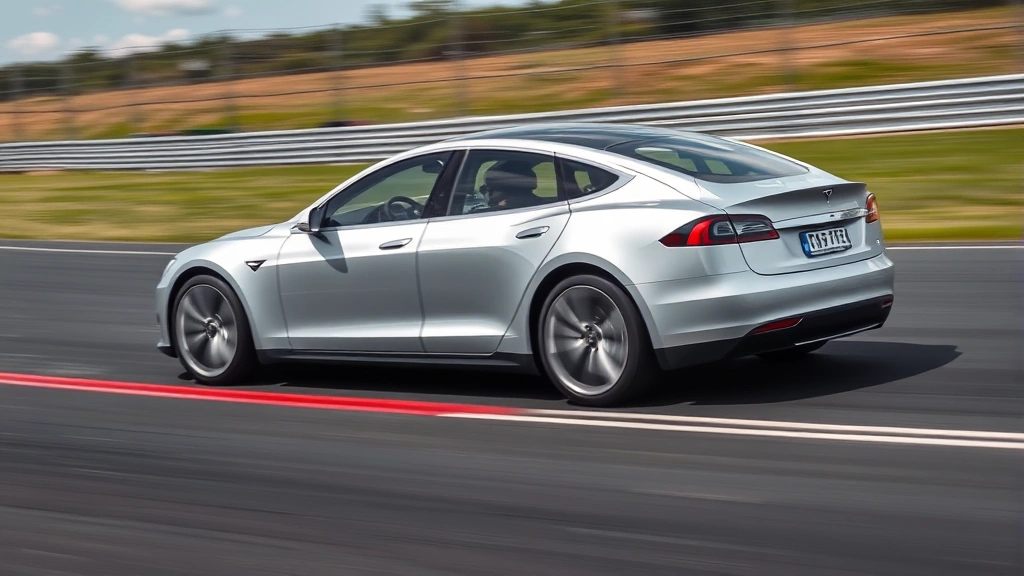 Sleek silver Tesla Model S Plaid accelerating on smooth asphalt track with blurred background motion, dramatic performance capture