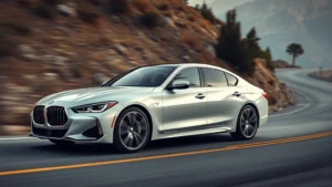 Professional automotive photography of luxury sedan in motion on winding mountain road, showcasing elegant design lines and sophisticated styling details with dramatic lighting
