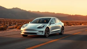 Tesla Model 3 Performance in Pearl White Multi-Coat, three-quarter front view on empty desert highway with mountains in background, dramatic golden hour lighting, sleek sedan profile