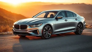 Professional automotive photograph of premium sedan in silver parked on mountain overlook, dramatic landscape background, late afternoon golden light, sharp focus on vehicle body lines and design details