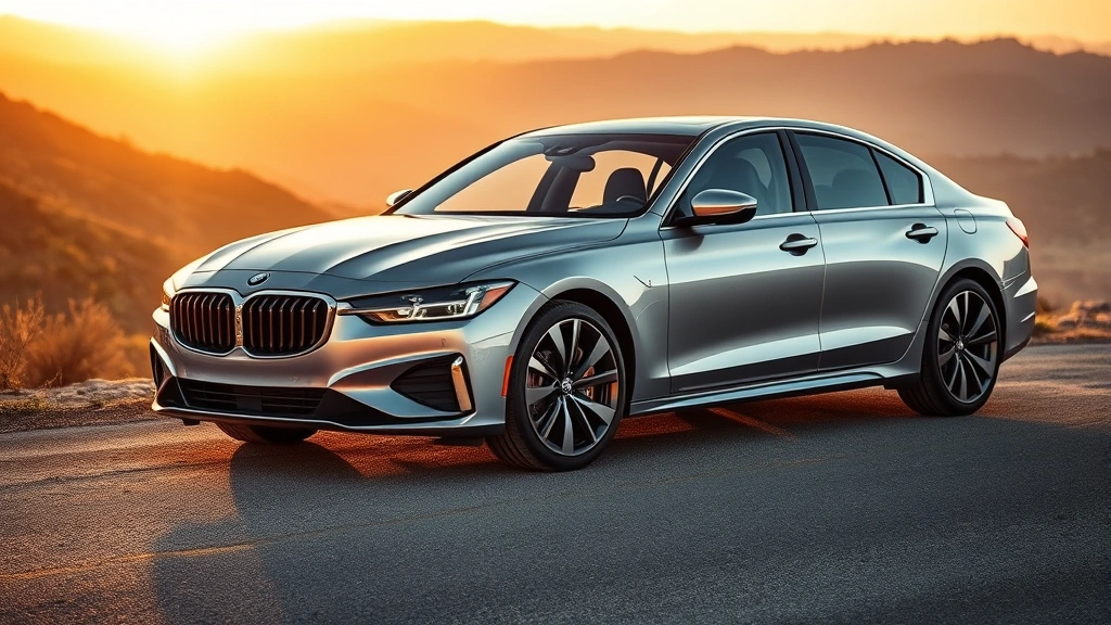 Professional automotive photograph of premium sedan in silver parked on mountain overlook, dramatic landscape background, late afternoon golden light, sharp focus on vehicle body lines and design details