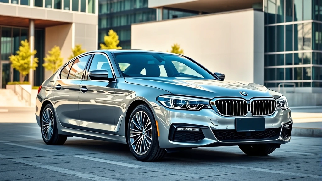 Luxury BMW 5 Series sedan parked in modern urban setting with contemporary architecture in background, professional photography, daytime lighting, clean and pristine condition