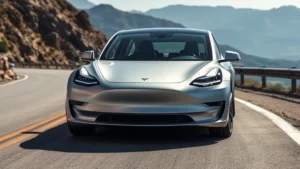 Modern sleek Tesla Model 3 sedan in silver metallic paint, front three-quarter view on curved mountain road, professional automotive photography style, bright daylight, clean composition