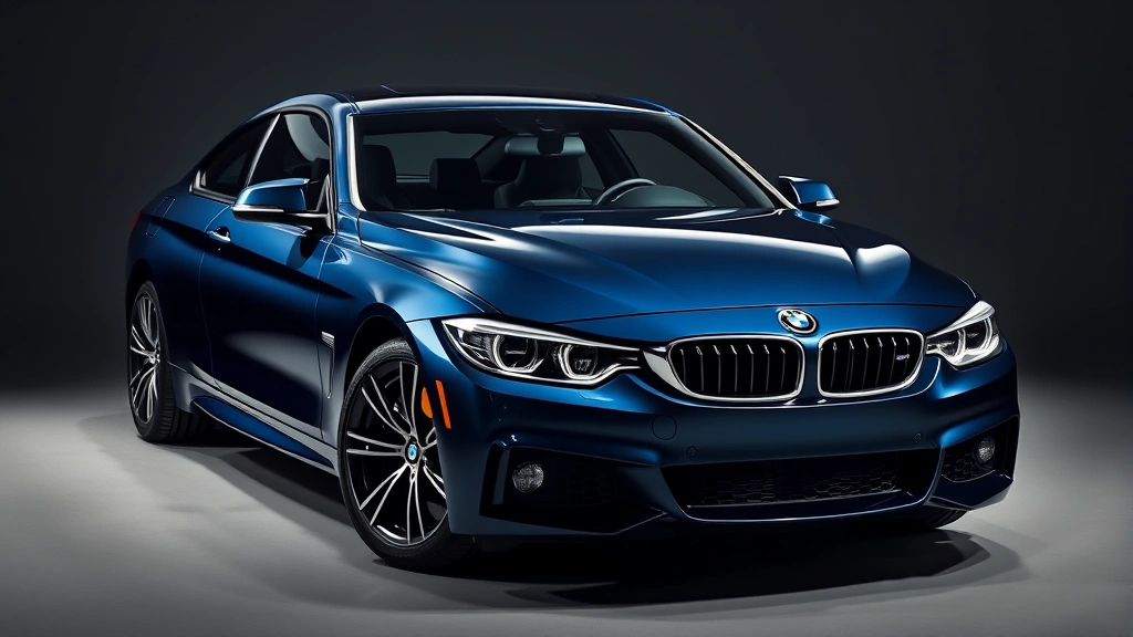 Sleek BMW M440i xDrive luxury sedan in midnight blue, three-quarter front angle, professional photography studio lighting, pristine showroom condition