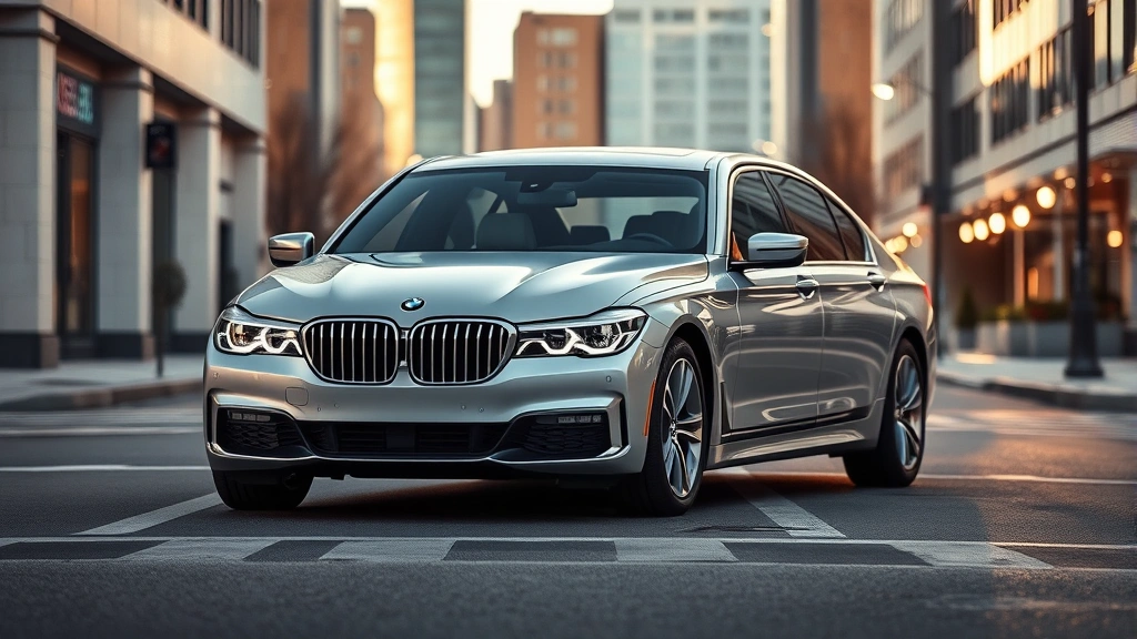 Sleek silver BMW 7 Series sedan photographed from three-quarter front angle on modern urban street, professional automotive lighting
