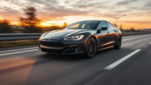 High-performance electric sedan accelerating on open highway, sleek aerodynamic design, modern LED headlights, dynamic motion blur, sunset lighting, professional automotive photography