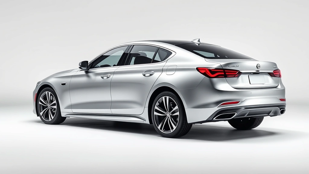 Sleek silver luxury sedan photographed from three-quarter angle in professional studio lighting, highlighting premium body lines and elegant proportions, clean white background