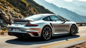 Porsche 911 Turbo S in profile view on a mountain road, sleek silver finish, dynamic lighting, sharp focus on the distinctive rear wing and turbocharged silhouette, professional automotive photography