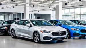 2024 sedan lineup parked in modern automotive showroom with professional lighting, showcasing multiple models in silver, black, and blue finishes