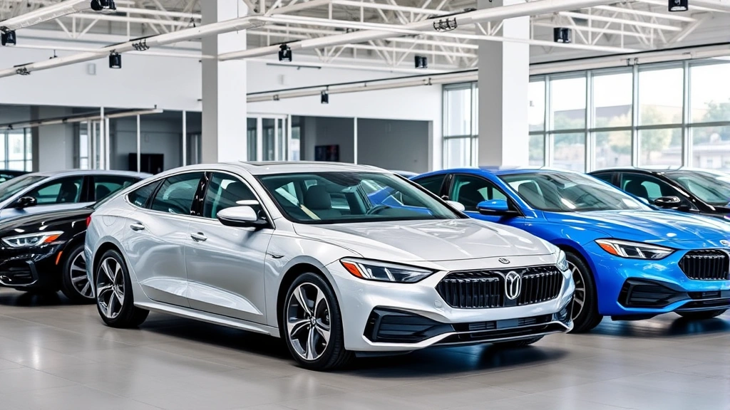 2024 sedan lineup parked in modern automotive showroom with professional lighting, showcasing multiple models in silver, black, and blue finishes