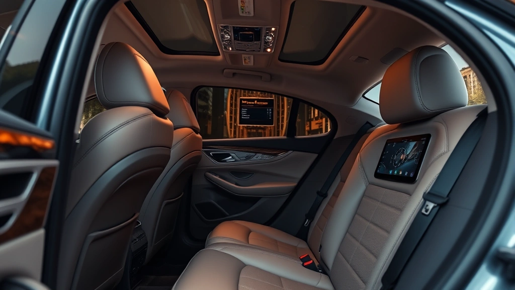 Luxury sedan interior with premium leather seats, ambient lighting, and modern infotainment display, showing refined craftsmanship and high-end materials