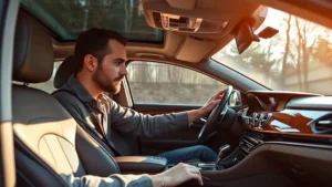 Professional automotive reviewer evaluating luxury sedan interior materials, leather seats, wood trim, dashboard controls in natural lighting, photorealistic detailed craftsmanship