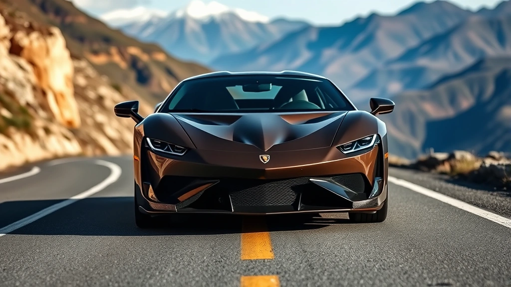 High-performance sports car photographed from aggressive front three-quarter angle on mountain road with blurred scenery, showcasing aerodynamic design and muscular proportions in natural daylight