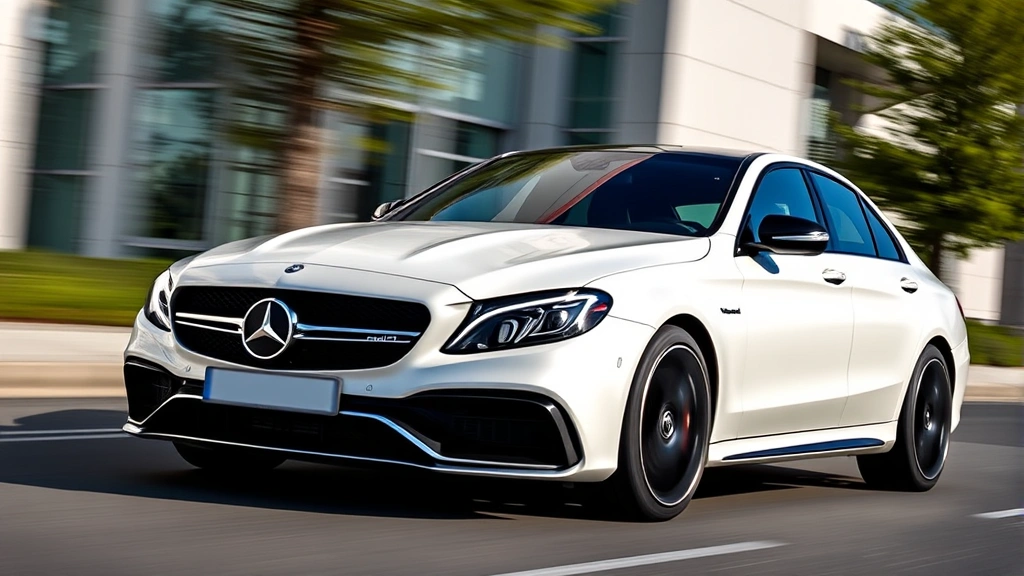Mercedes-AMG C63 sedan, pearl white exterior, dynamic side profile with blurred background suggesting motion, professional automotive photography, daylight