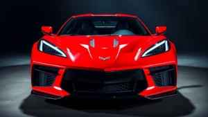 2024 Chevrolet Corvette C8 Z06 mid-engine sports car photographed from three-quarter front angle, bright red exterior, dramatic lighting highlighting aggressive bodywork, professional automotive photography style