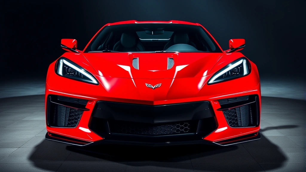 2024 Chevrolet Corvette C8 Z06 mid-engine sports car photographed from three-quarter front angle, bright red exterior, dramatic lighting highlighting aggressive bodywork, professional automotive photography style