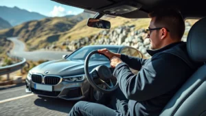 Professional automotive reviewer testing sedan on winding mountain road, focused expression, modern car with refined styling, natural daylight, dynamic driving scene