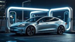 Modern electric sedan parked at futuristic charging station with LED lighting and urban background, sleek Tesla-style design, photorealistic daylight photography