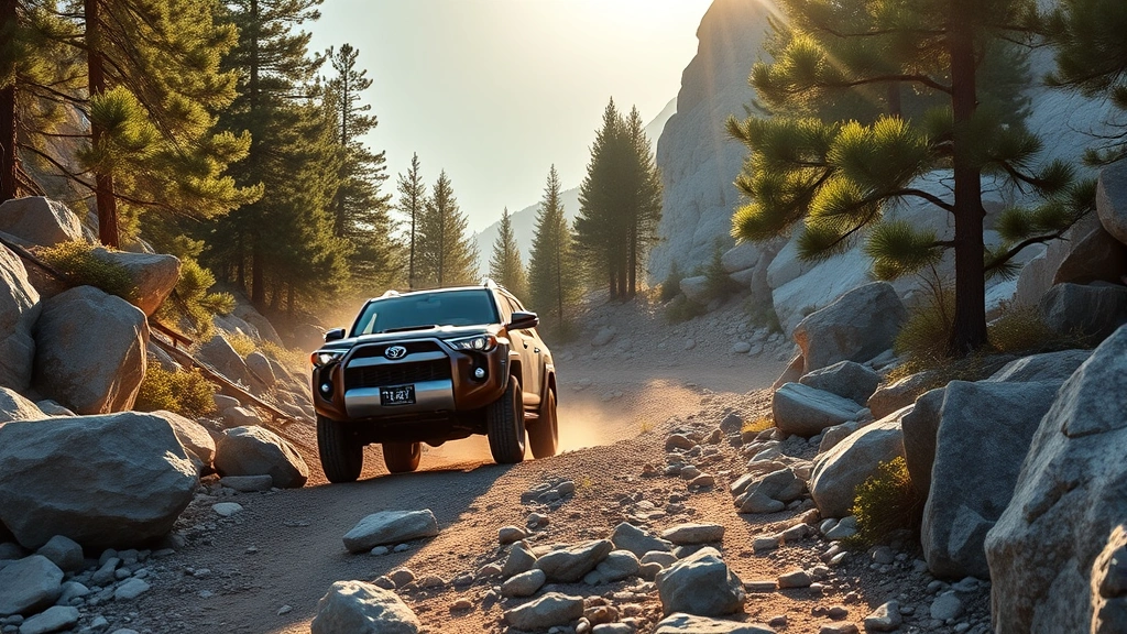2024 Toyota 4Runner driving on rocky mountain trail surrounded by pine trees and granite boulders, morning sunlight, professional automotive photography